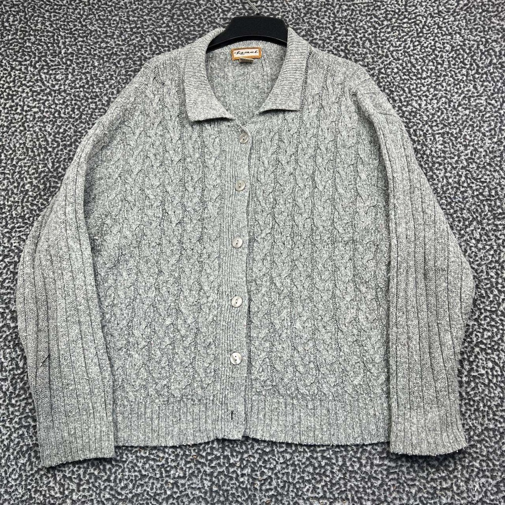 Vintage Kamal Cardigan Sweater Women 2X Gray Cable Knit Button Front Collar